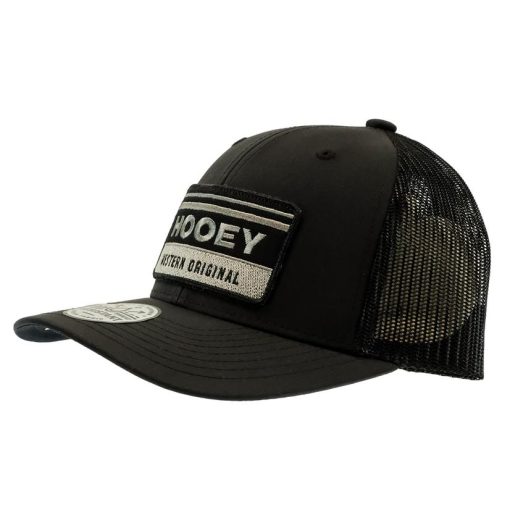 Hooey Horizon Black 6 Panel Trucker with Black Grey Rectangle Patch Cap Special Offers