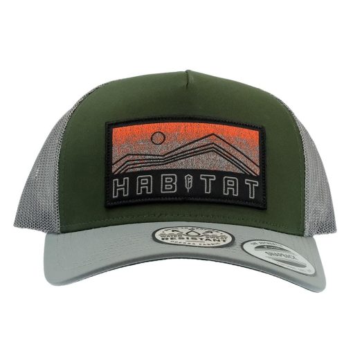 Hooey Habitat Green and Grey 5 Panel Trucker Orange Grey Rectangle Patch Meshback Cap Fashionable