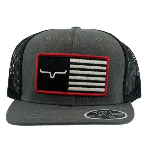 Kimes Ranch Charcoal Heather and Black Flag Patch American Trucker Cap Cut Price